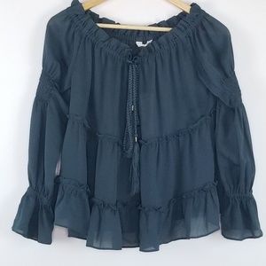 ♡Spun & Shadow Ruffle Sheer Boho Blouse Size XS